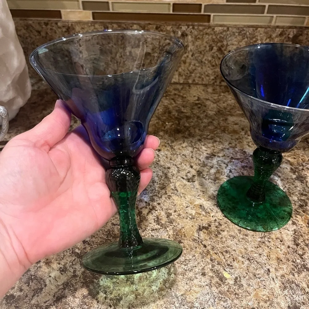 Vintage Libbey Marbleique Blue Swirl and Green Martini Glasses Set of 2
